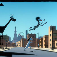 A still from an animated zombie movie set in the 1970s Cairo with flying zebras and giraffes, ...jpg