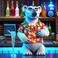 A Pixar style 3D render of a polar bear wearing a Hawaiian shirt in a tiki bar. (1).jpg