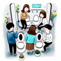A painting of co-workers gathered around a clean toilet and feeling happy. (1).jpg