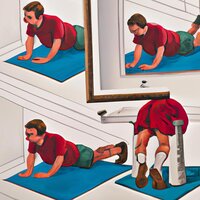 paintings of a man doing pushups on a bathroom floor, in the style of Norman Rockwell (1).jpg