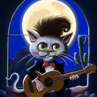A photo realistic cat with a 1950s rock and roll haircut, playing a mandolin by moonlight (1).jpg
