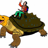 A person riding on the back of a giant turtle who is singing a cheerful song in a baritone voi...jpg